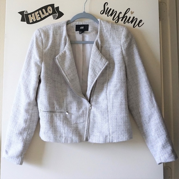 H&M Jackets & Blazers - H&M Light Gray Tweed Asymmetrical Zip Up Blazer 8